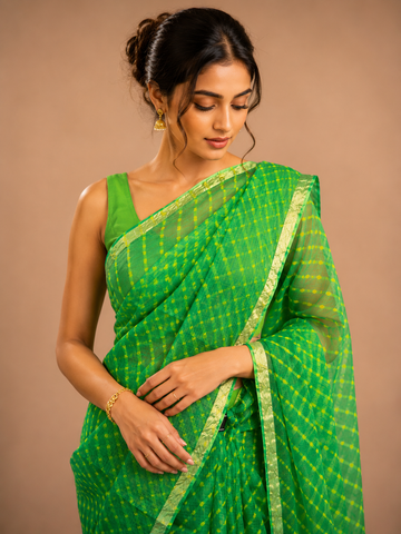 Ranas Green Color Kota Silk Leheriya Mothda Saree