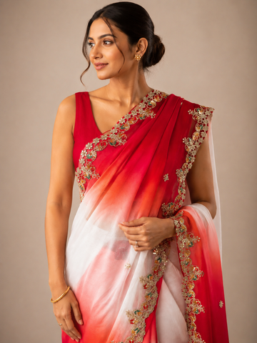 Ranas Red & White Shaded Pure Chiffon Saree