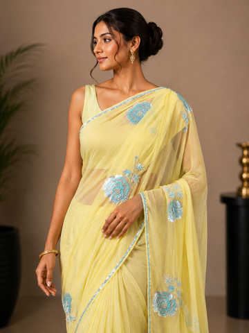 Ranas Yellow Color Pure Chiffon Designer Saree