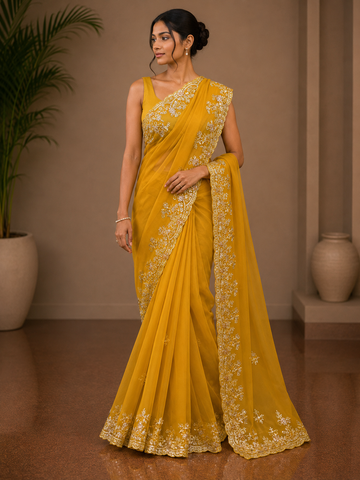 Ranas Mustard Color Sequins & Cutdana Work Designer Saree