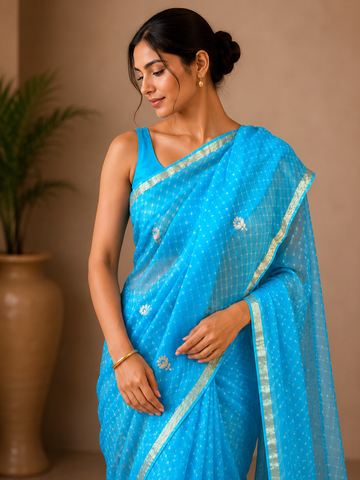 Ranas Firozi Color Kota Silk Leheriya Mothda Saree