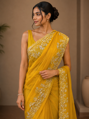 Ranas Mustard Color Sequins & Cutdana Work Designer Saree