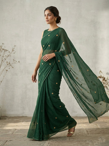 Ranas Bottle Green Danka Work Saree