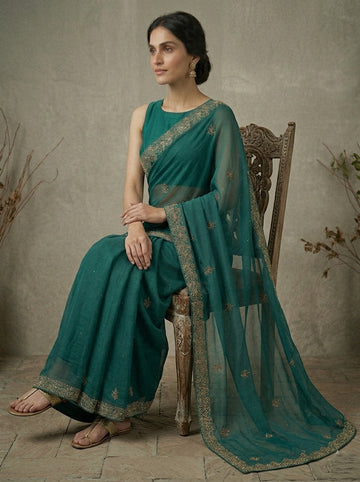 Ranas Bottle Green Color Aari & Sequine Work Saree