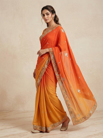 Ranas Orange Shaded Saree Pure Chiffon