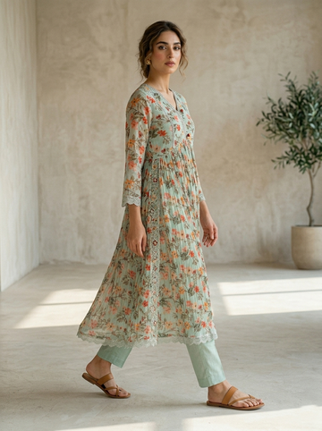 Ranas Sea Green Two Piece Printed Suit