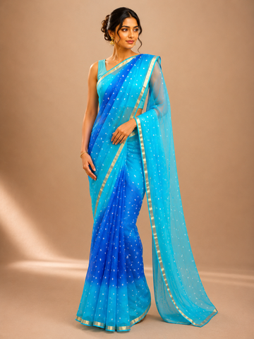 Ranas Shaded Blue Mukaish work Kota Silk Bandhej Saree