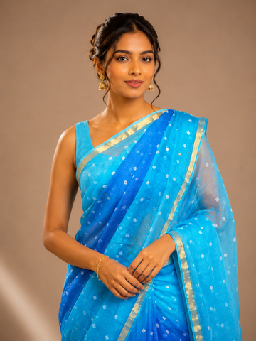 Ranas Shaded Blue Mukaish work Kota Silk Bandhej Saree