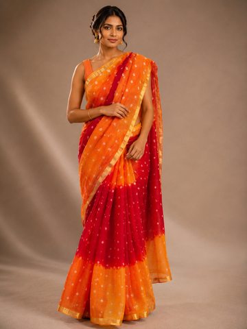 Ranas Shaded Red & Orange Mukaish work Kota Silk Bandhej Saree