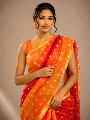 Ranas Shaded Red & Orange Mukaish work Kota Silk Bandhej Saree