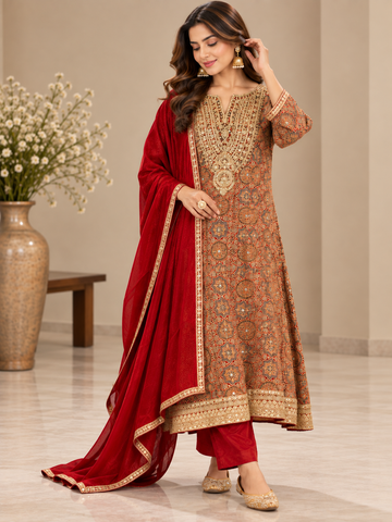 Ranas Printed Modal Silk Embroidered Anarkali Set