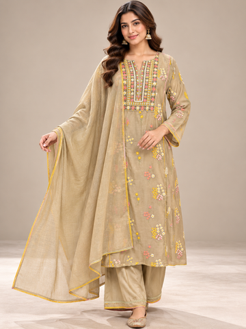 Ranas Beige Mul Cotton Three-Piece Suit Set