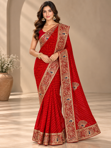 Ranas Red Leheriya Mothda Pure Georgette Saree