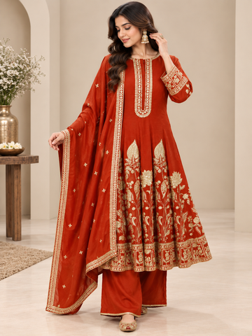 Ranas Rust Color Chinon Chanderi Anarkali Suit