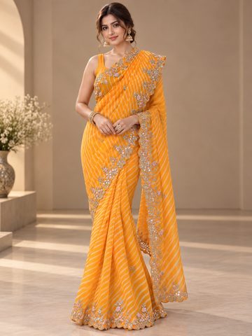 Ranas Yellow Leheriya Pure Georgette Saree