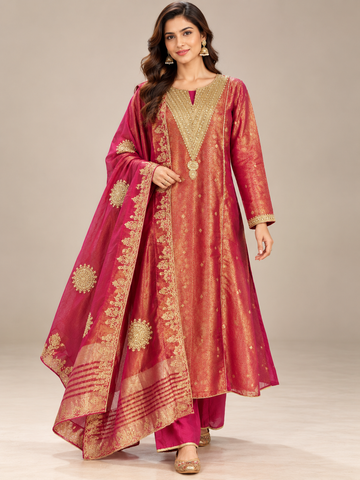 Ranas Rose Pink Banarsi Embroidered Anarkali Set