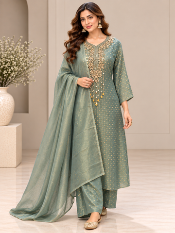 Ranas Sea Green Tissue Embroidered Three-Piece Suit Set