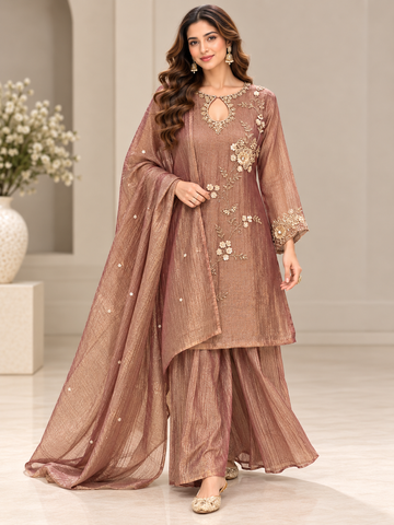 Ranas Onion Crush Tissue Embroidered Three-Piece Suit Set