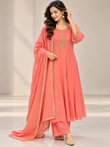 Ranas Peach Color Mul Cotton Embroidered Three-Piece Suit Set