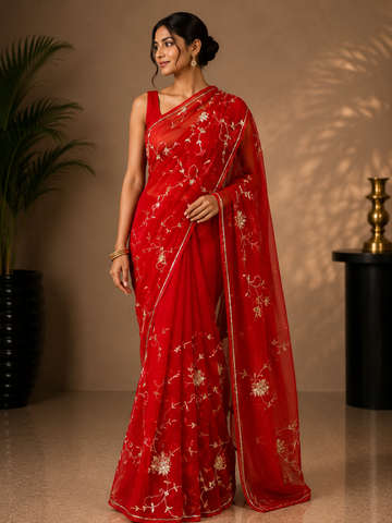 Ranas Red Color Sequins & Cutdana Work Designer Saree