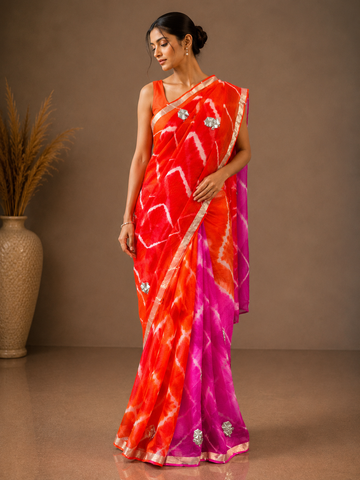 Ranas Pink & Orange Gota & Pittan work Leheriya Saree