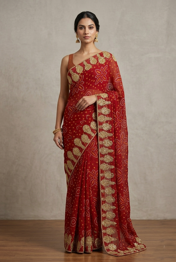 Ranas Zardosi & Gota Work Red Bhandej Saree