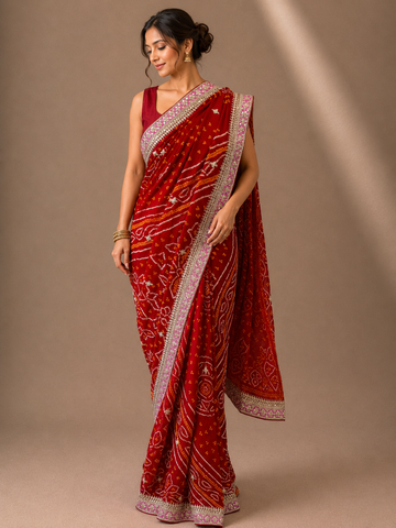 Ranas Traditional Red Bandhej Saree