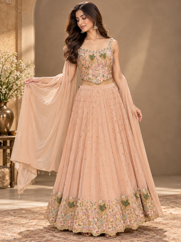 Ranas Peach Georgette Lehenga Set with Chokar Dupatta