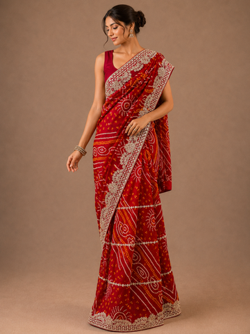 Ranas Traditional Red Bandhej Saree with Gota & Marori Work