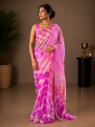 Ranas Pure Chiffon Tie Dye Gota Patti Work Saree