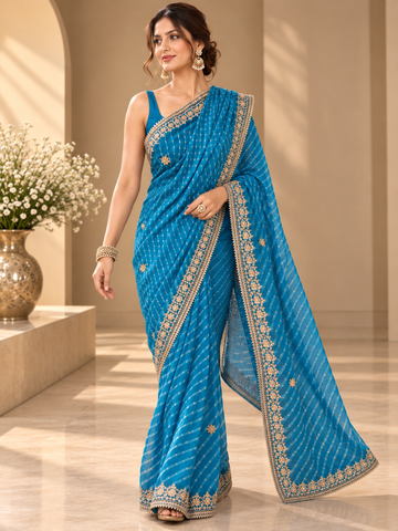 Ranas Firozi Color Leheriya Mothda Saree