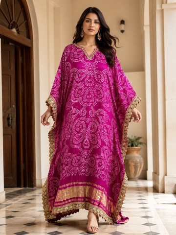 Ranas Pure Gajji Silk Rano Color Bandhej Kaftan