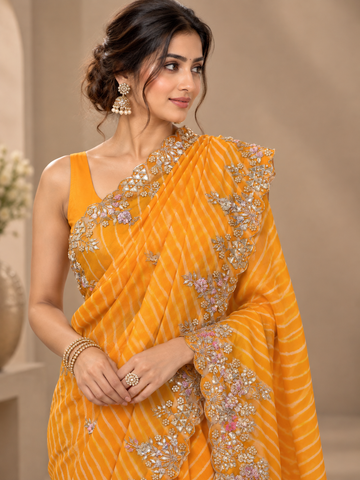 Ranas Yellow Leheriya Pure Georgette Saree