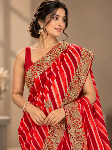 Ranas Red & Orange Leheriya Saree