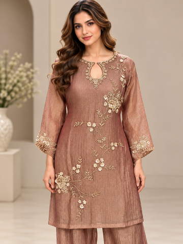 Ranas Onion Crush Tissue Embroidered Three-Piece Suit Set