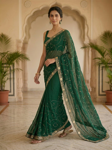 Ranas Pure Chiffon Aari & Sequine Work Saree