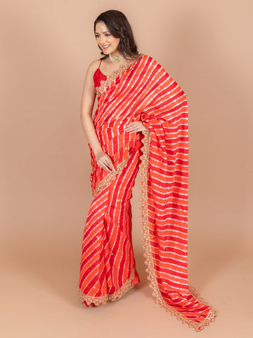 Ranas Red & Orange Leheriya Saree