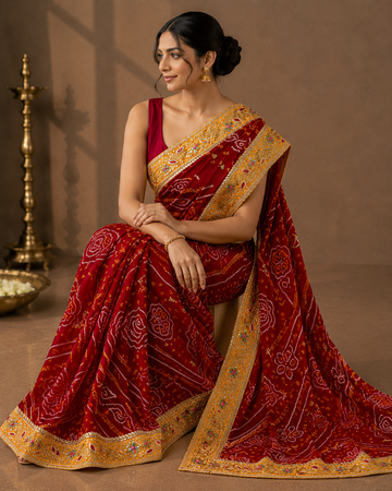 Ranas Red Color Bandhej Saree