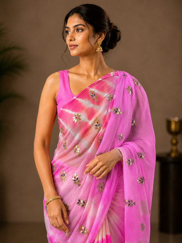 Ranas Pure Chiffon Tie Dye Gota Patti Work Saree