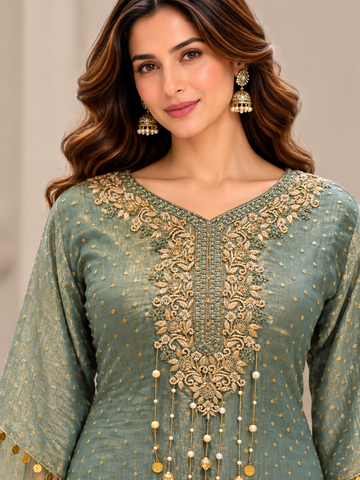 Ranas Sea Green Tissue Embroidered Three-Piece Suit Set
