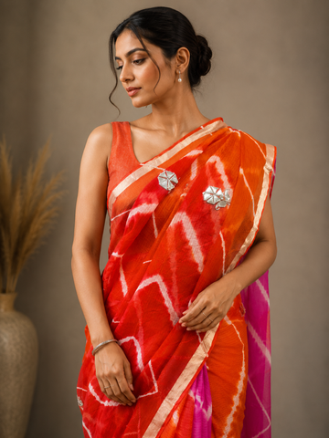 Ranas Pink & Orange Gota & Pittan work Leheriya Saree