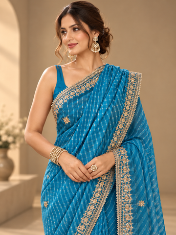 Ranas Firozi Color Leheriya Mothda Saree