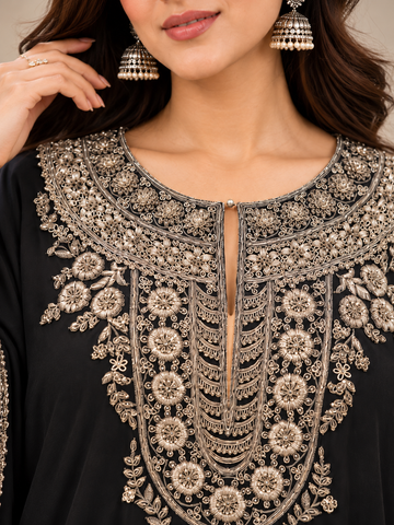 Ranas Elegant Black Satin Crepe Kaftan Set