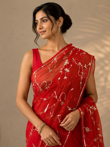 Ranas Red Color Sequins & Cutdana Work Designer Saree