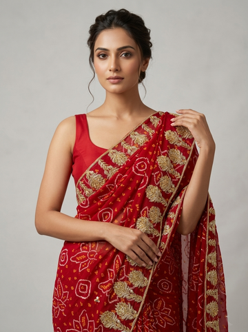 Ranas Zardosi & Gota Work Red Bhandej Saree