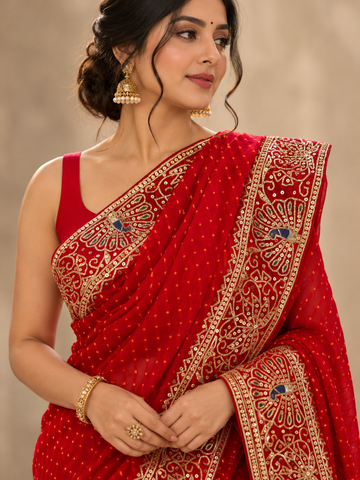 Ranas Red Leheriya Mothda Pure Georgette Saree