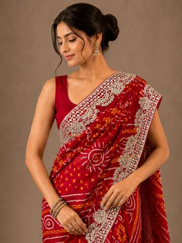 Ranas Traditional Red Bandhej Saree with Gota & Marori Work
