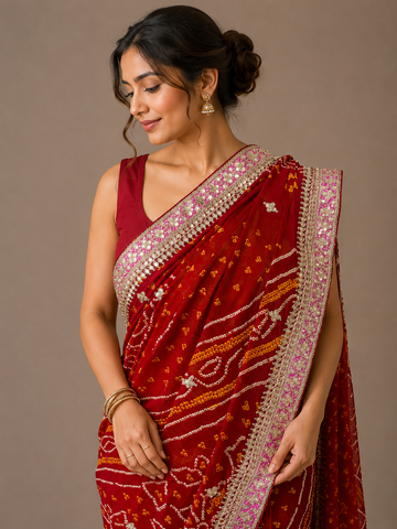 Ranas Traditional Red Bandhej Saree