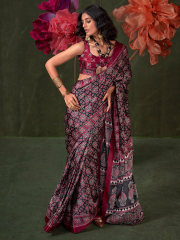 Ranas Printed Ajarakh Satin Crepe Saree