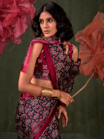 Ranas Printed Ajarakh Satin Crepe Saree